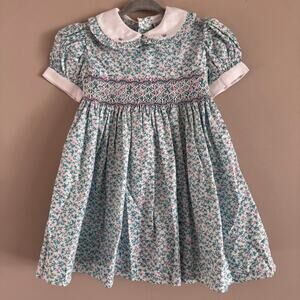 Heskia Vintage Hand Smocked Embroidered Floral Collar Dress 12 Months Baby Girl